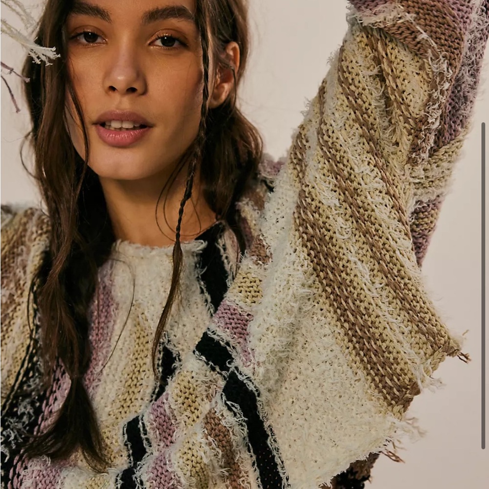 Free People Baja Pullover Distressed Knit Crop Sweater Size Large Sold Out